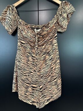 Saltwater Luxe Tiger Print Romper Tan Black Anthropologie Smocked Tie Front S‎